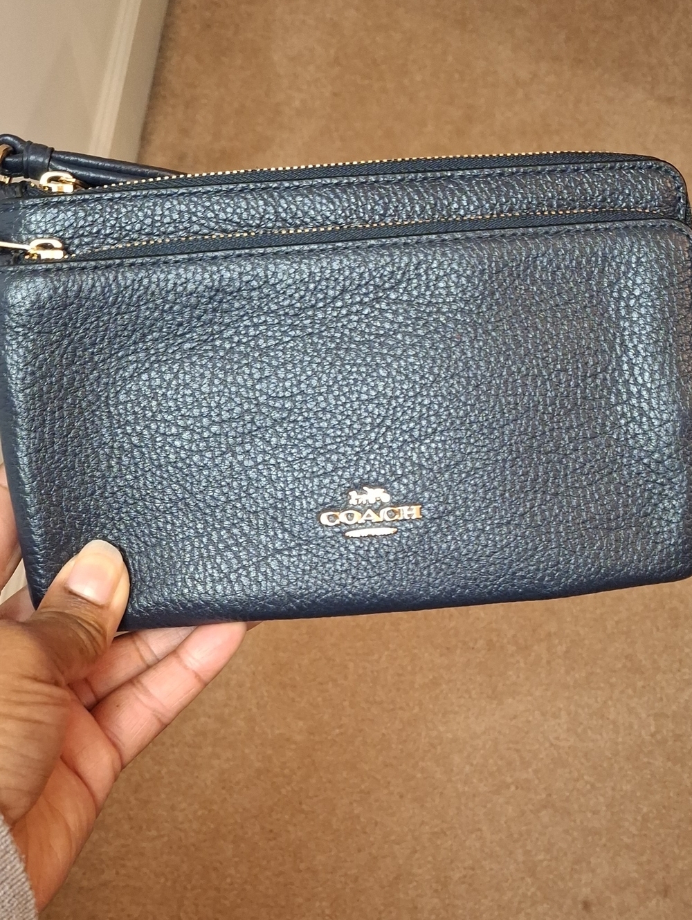 Coach Pebbled Leather Double Zip Wristlet in Navy with Gold Logo - Picture 1 of 5